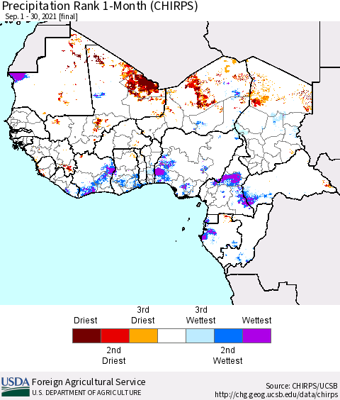 Western Africa Precipitation Rank since 1981, 1-Month (CHIRPS) Thematic Map For 9/1/2021 - 9/30/2021