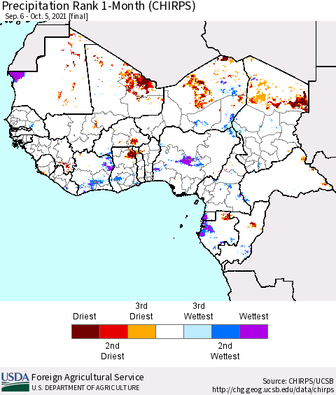 Western Africa Precipitation Rank since 1981, 1-Month (CHIRPS) Thematic Map For 9/6/2021 - 10/5/2021