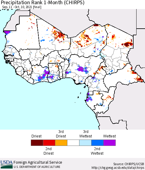 Western Africa Precipitation Rank since 1981, 1-Month (CHIRPS) Thematic Map For 9/11/2021 - 10/10/2021
