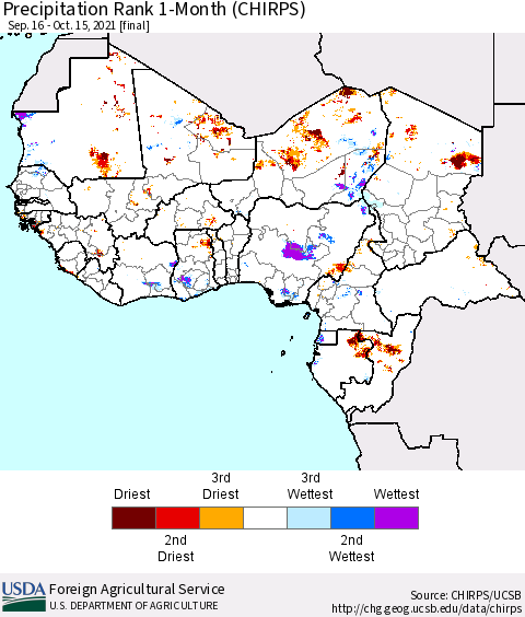 Western Africa Precipitation Rank since 1981, 1-Month (CHIRPS) Thematic Map For 9/16/2021 - 10/15/2021