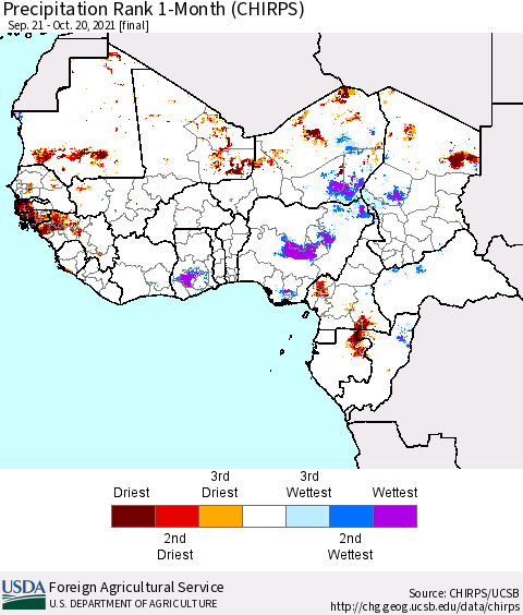 Western Africa Precipitation Rank since 1981, 1-Month (CHIRPS) Thematic Map For 9/21/2021 - 10/20/2021