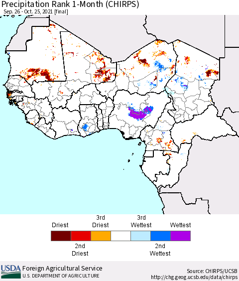Western Africa Precipitation Rank since 1981, 1-Month (CHIRPS) Thematic Map For 9/26/2021 - 10/25/2021