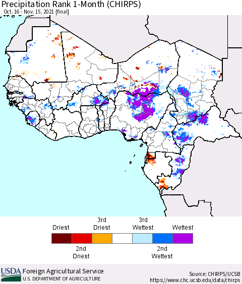 Western Africa Precipitation Rank since 1981, 1-Month (CHIRPS) Thematic Map For 10/16/2021 - 11/15/2021