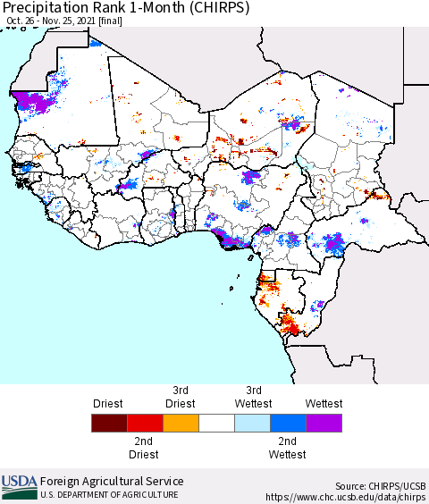 Western Africa Precipitation Rank since 1981, 1-Month (CHIRPS) Thematic Map For 10/26/2021 - 11/25/2021