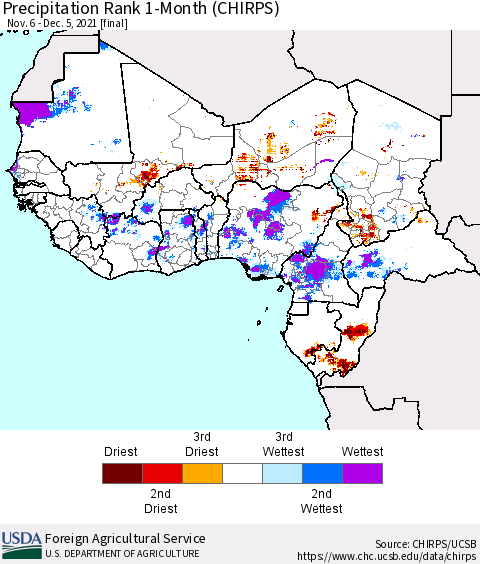 Western Africa Precipitation Rank since 1981, 1-Month (CHIRPS) Thematic Map For 11/6/2021 - 12/5/2021