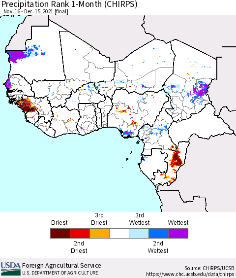 Western Africa Precipitation Rank since 1981, 1-Month (CHIRPS) Thematic Map For 11/16/2021 - 12/15/2021
