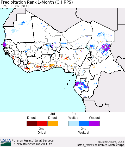 Western Africa Precipitation Rank since 1981, 1-Month (CHIRPS) Thematic Map For 12/1/2021 - 12/31/2021