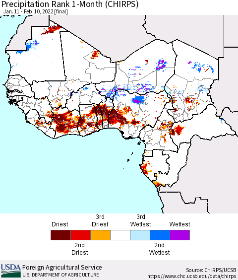 Western Africa Precipitation Rank since 1981, 1-Month (CHIRPS) Thematic Map For 1/11/2022 - 2/10/2022