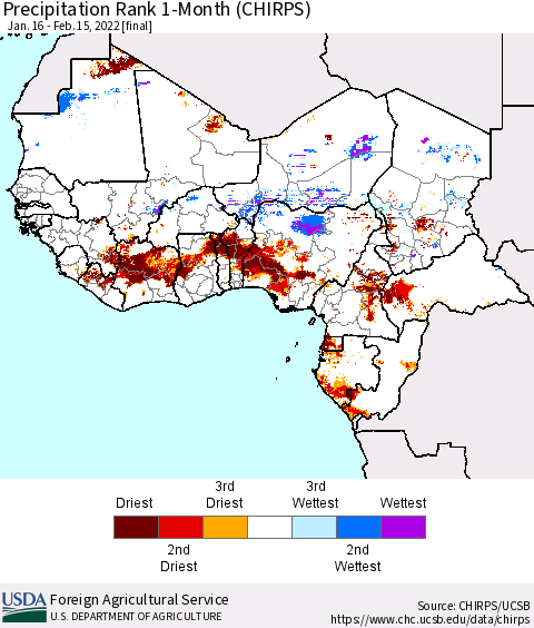 Western Africa Precipitation Rank since 1981, 1-Month (CHIRPS) Thematic Map For 1/16/2022 - 2/15/2022