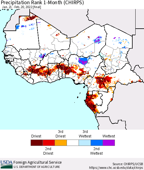 Western Africa Precipitation Rank since 1981, 1-Month (CHIRPS) Thematic Map For 1/21/2022 - 2/20/2022