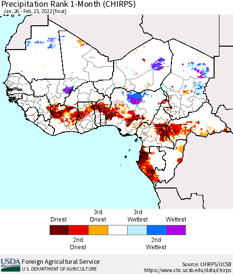 Western Africa Precipitation Rank since 1981, 1-Month (CHIRPS) Thematic Map For 1/26/2022 - 2/25/2022