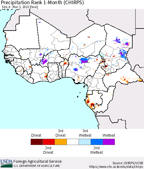 Western Africa Precipitation Rank since 1981, 1-Month (CHIRPS) Thematic Map For 2/6/2022 - 3/5/2022