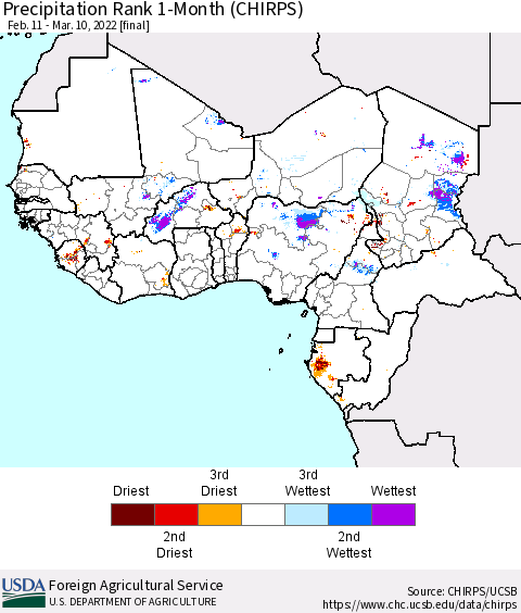Western Africa Precipitation Rank since 1981, 1-Month (CHIRPS) Thematic Map For 2/11/2022 - 3/10/2022