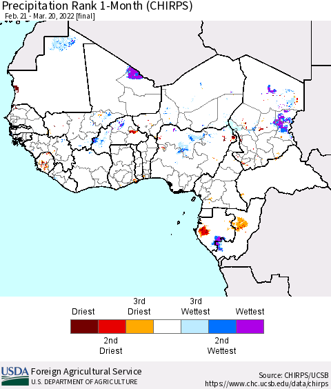 Western Africa Precipitation Rank since 1981, 1-Month (CHIRPS) Thematic Map For 2/21/2022 - 3/20/2022