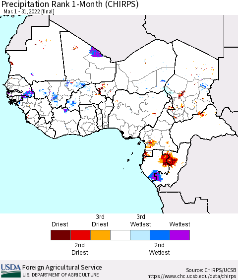 Western Africa Precipitation Rank since 1981, 1-Month (CHIRPS) Thematic Map For 3/1/2022 - 3/31/2022