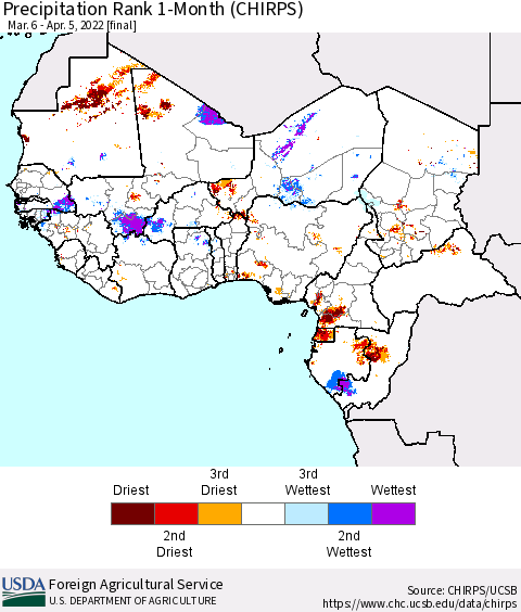 Western Africa Precipitation Rank since 1981, 1-Month (CHIRPS) Thematic Map For 3/6/2022 - 4/5/2022