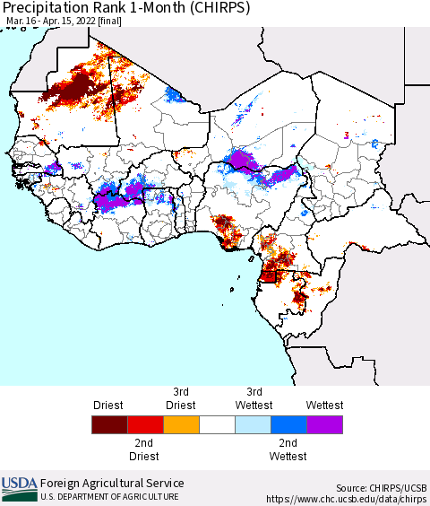 Western Africa Precipitation Rank since 1981, 1-Month (CHIRPS) Thematic Map For 3/16/2022 - 4/15/2022