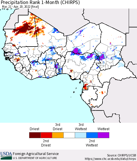 Western Africa Precipitation Rank since 1981, 1-Month (CHIRPS) Thematic Map For 3/21/2022 - 4/20/2022