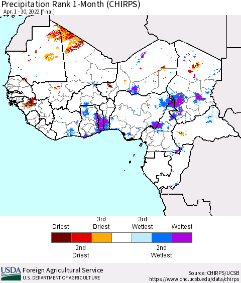 Western Africa Precipitation Rank since 1981, 1-Month (CHIRPS) Thematic Map For 4/1/2022 - 4/30/2022