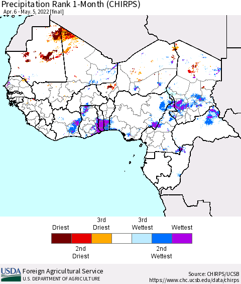 Western Africa Precipitation Rank since 1981, 1-Month (CHIRPS) Thematic Map For 4/6/2022 - 5/5/2022