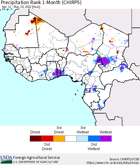 Western Africa Precipitation Rank since 1981, 1-Month (CHIRPS) Thematic Map For 4/11/2022 - 5/10/2022