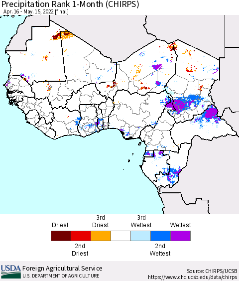 Western Africa Precipitation Rank since 1981, 1-Month (CHIRPS) Thematic Map For 4/16/2022 - 5/15/2022