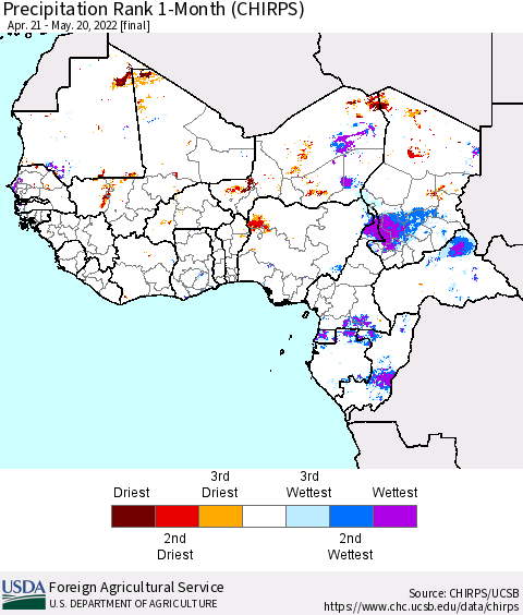 Western Africa Precipitation Rank since 1981, 1-Month (CHIRPS) Thematic Map For 4/21/2022 - 5/20/2022