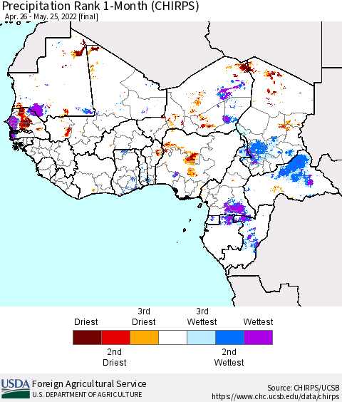 Western Africa Precipitation Rank since 1981, 1-Month (CHIRPS) Thematic Map For 4/26/2022 - 5/25/2022
