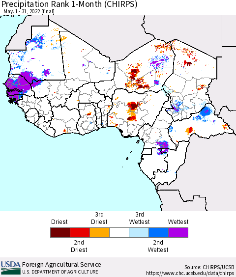 Western Africa Precipitation Rank since 1981, 1-Month (CHIRPS) Thematic Map For 5/1/2022 - 5/31/2022