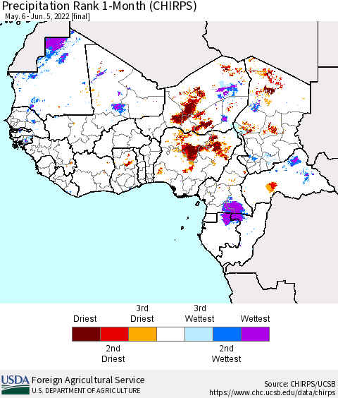 Western Africa Precipitation Rank since 1981, 1-Month (CHIRPS) Thematic Map For 5/6/2022 - 6/5/2022