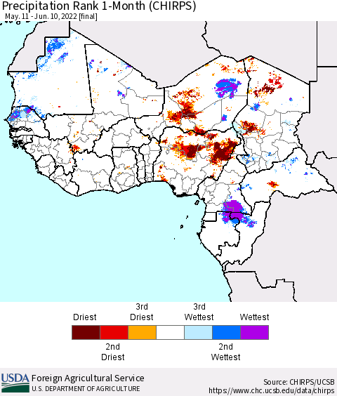Western Africa Precipitation Rank since 1981, 1-Month (CHIRPS) Thematic Map For 5/11/2022 - 6/10/2022