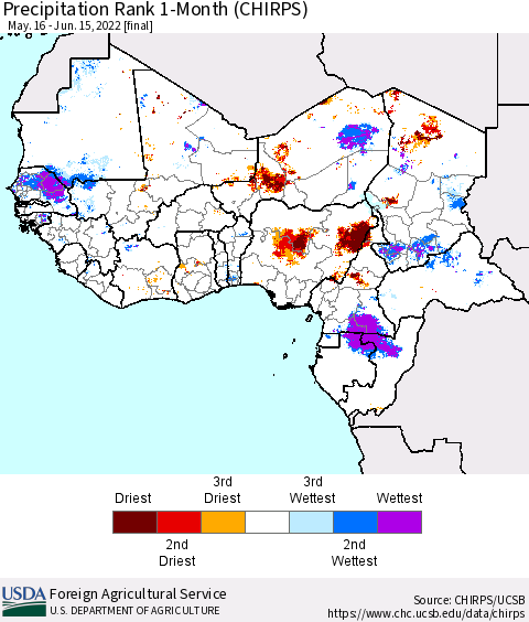 Western Africa Precipitation Rank since 1981, 1-Month (CHIRPS) Thematic Map For 5/16/2022 - 6/15/2022