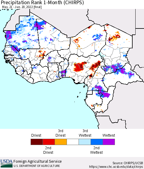 Western Africa Precipitation Rank since 1981, 1-Month (CHIRPS) Thematic Map For 5/21/2022 - 6/20/2022