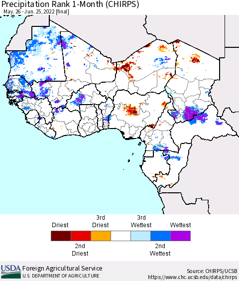 Western Africa Precipitation Rank since 1981, 1-Month (CHIRPS) Thematic Map For 5/26/2022 - 6/25/2022