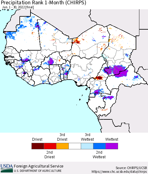 Western Africa Precipitation Rank since 1981, 1-Month (CHIRPS) Thematic Map For 6/1/2022 - 6/30/2022