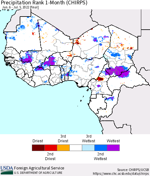 Western Africa Precipitation Rank since 1981, 1-Month (CHIRPS) Thematic Map For 6/6/2022 - 7/5/2022