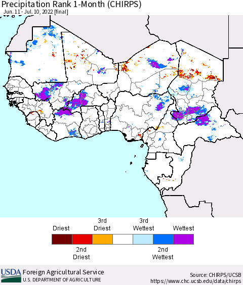 Western Africa Precipitation Rank since 1981, 1-Month (CHIRPS) Thematic Map For 6/11/2022 - 7/10/2022