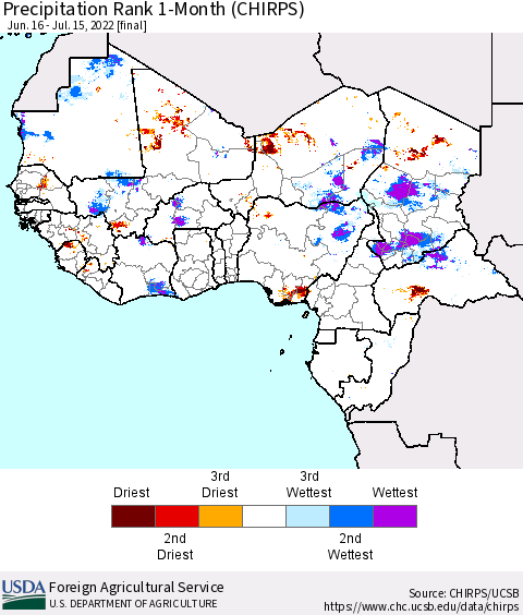 Western Africa Precipitation Rank since 1981, 1-Month (CHIRPS) Thematic Map For 6/16/2022 - 7/15/2022