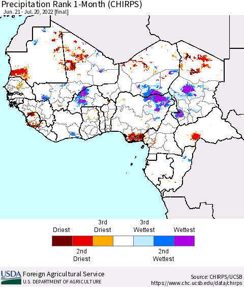 Western Africa Precipitation Rank since 1981, 1-Month (CHIRPS) Thematic Map For 6/21/2022 - 7/20/2022