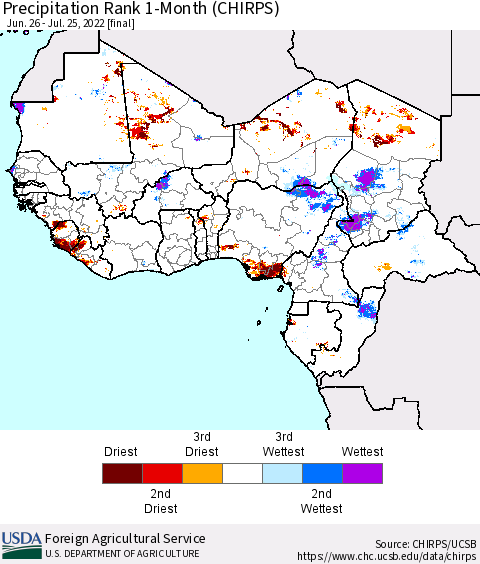 Western Africa Precipitation Rank since 1981, 1-Month (CHIRPS) Thematic Map For 6/26/2022 - 7/25/2022