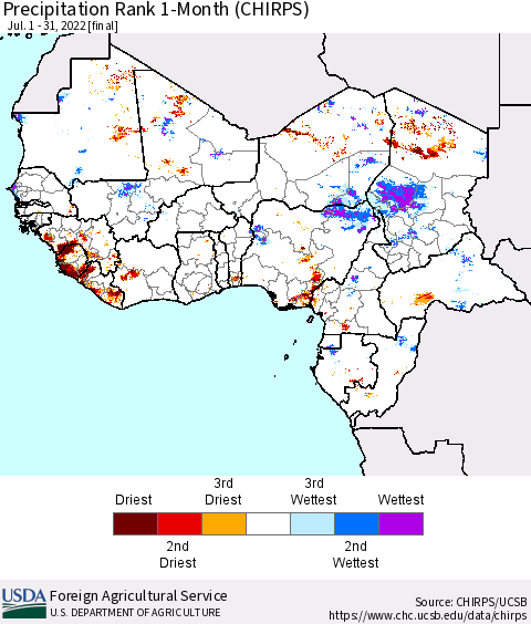 Western Africa Precipitation Rank since 1981, 1-Month (CHIRPS) Thematic Map For 7/1/2022 - 7/31/2022