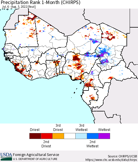 Western Africa Precipitation Rank since 1981, 1-Month (CHIRPS) Thematic Map For 7/6/2022 - 8/5/2022