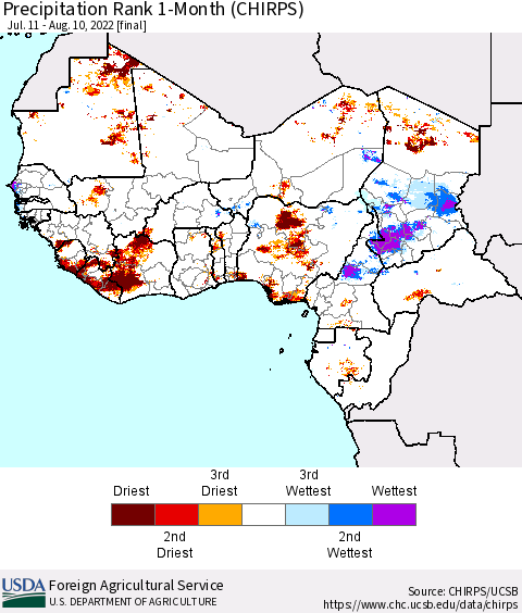 Western Africa Precipitation Rank since 1981, 1-Month (CHIRPS) Thematic Map For 7/11/2022 - 8/10/2022