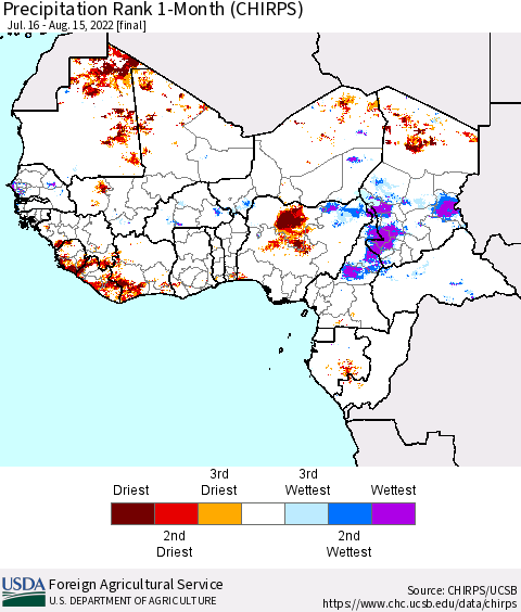Western Africa Precipitation Rank since 1981, 1-Month (CHIRPS) Thematic Map For 7/16/2022 - 8/15/2022
