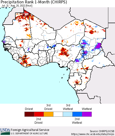 Western Africa Precipitation Rank since 1981, 1-Month (CHIRPS) Thematic Map For 7/21/2022 - 8/20/2022