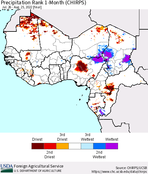 Western Africa Precipitation Rank since 1981, 1-Month (CHIRPS) Thematic Map For 7/26/2022 - 8/25/2022