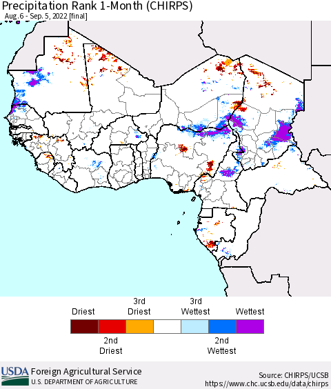 Western Africa Precipitation Rank since 1981, 1-Month (CHIRPS) Thematic Map For 8/6/2022 - 9/5/2022