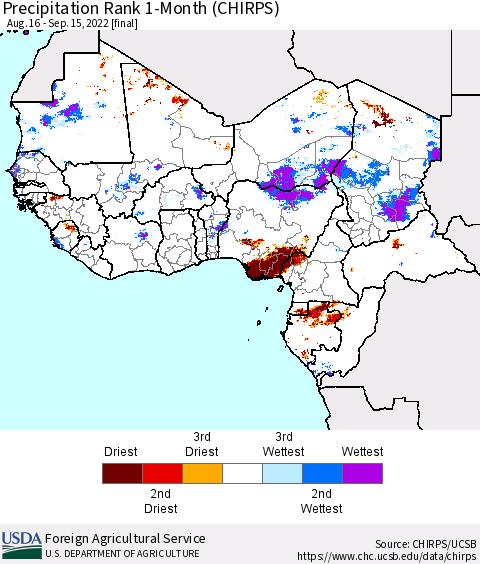 Western Africa Precipitation Rank since 1981, 1-Month (CHIRPS) Thematic Map For 8/16/2022 - 9/15/2022