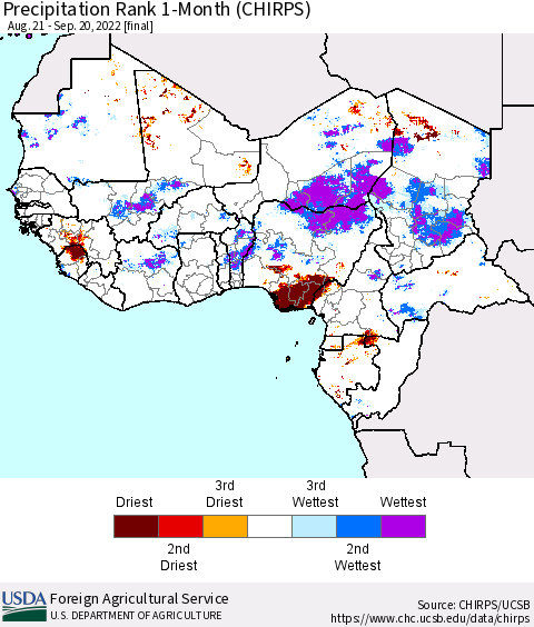 Western Africa Precipitation Rank since 1981, 1-Month (CHIRPS) Thematic Map For 8/21/2022 - 9/20/2022
