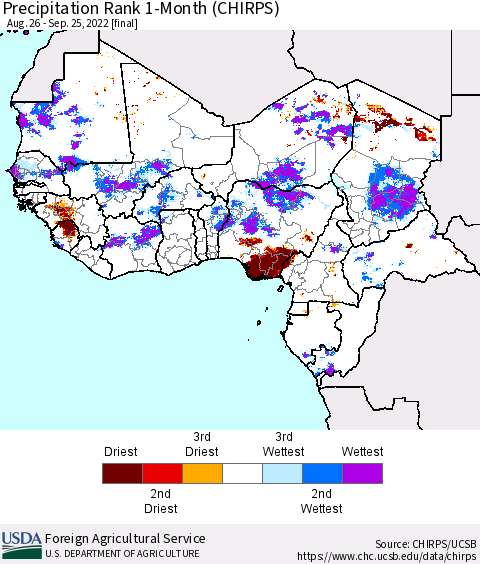 Western Africa Precipitation Rank since 1981, 1-Month (CHIRPS) Thematic Map For 8/26/2022 - 9/25/2022
